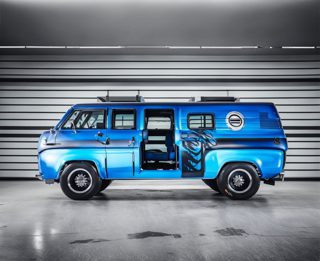 The 'Custom '77 Dodge Van' is a retro vehicle combining a restored vintage exterior with modern customizations, featuring a two-tone paint job, custom pinstriping, upgraded wheels, and a blend of nostalgic and modern interior elements