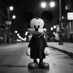 A melancholic Mickey Mouse with droopy ears, downcast eyes, walking alone on a city street, steped in monochrome, under soft streetlights.