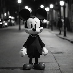 A melancholic Mickey Mouse with droopy ears, downcast eyes, walking alone on a city street, steped in monochrome, under soft streetlights.