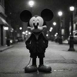 A melancholic Mickey Mouse with droopy ears, downcast eyes, walking alone on a city street, steped in monochrome, under soft streetlights.