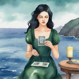 Animated watercolor style illustration of a girl with black hair and dark green dress reading tarot cards with a sea backdrop