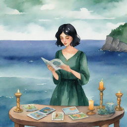 Animated watercolor style illustration of a girl with black hair and dark green dress reading tarot cards with a sea backdrop