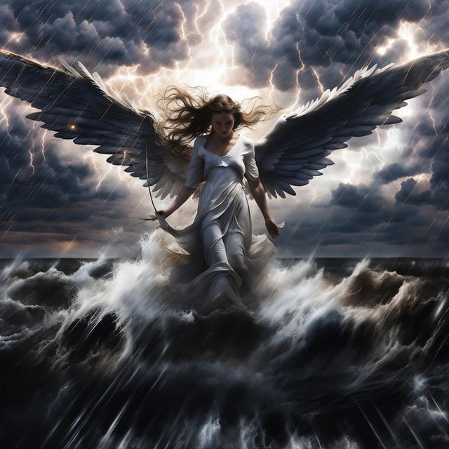 A beautiful angel flies over a stormy lake with waves crashing onto a bridge where a man and a woman stand holding hands