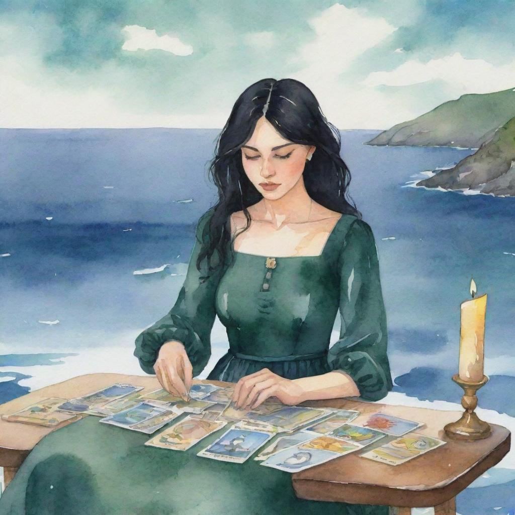 Animated watercolor style illustration of a girl with black hair and dark green dress reading tarot cards with a sea backdrop