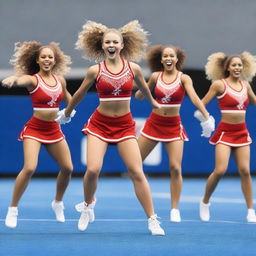 A group of cheerleaders wearing short uniforms, performing a synchronized cheer routine