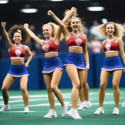 A group of cheerleaders wearing short uniforms, performing a synchronized cheer routine