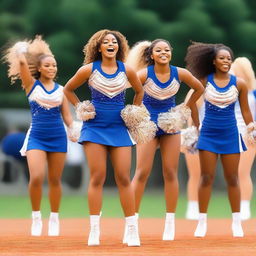 A group of cheerleaders wearing short uniforms, performing a synchronized cheer routine