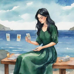 Animated watercolor style illustration of a girl with black hair and dark green dress reading tarot cards with a sea backdrop