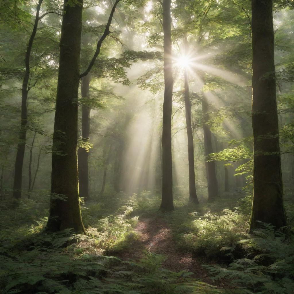 Generate an image of a serene forest with sunlight peeking through the leafy canopy, highlighting the rich, damp undergrowth.