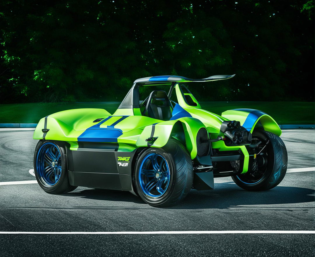 The 'Poppa Wheelie' car is a bold, neon green vehicle designed for performing wheelies, featuring a powerful rear-wheel-drive system, sporty interior, and eye-catching exterior