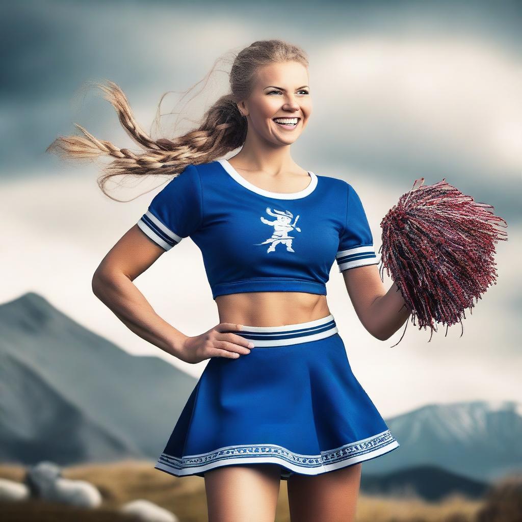 A Viking cheerleader wearing traditional Viking attire with a modern twist, holding pom-poms and cheering energetically