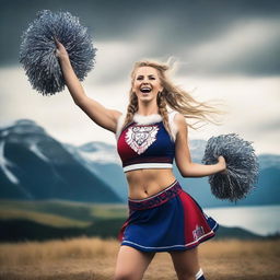 A Viking cheerleader wearing traditional Viking attire with a modern twist, holding pom-poms and cheering energetically