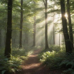 Generate an image of a serene forest with sunlight peeking through the leafy canopy, highlighting the rich, damp undergrowth.