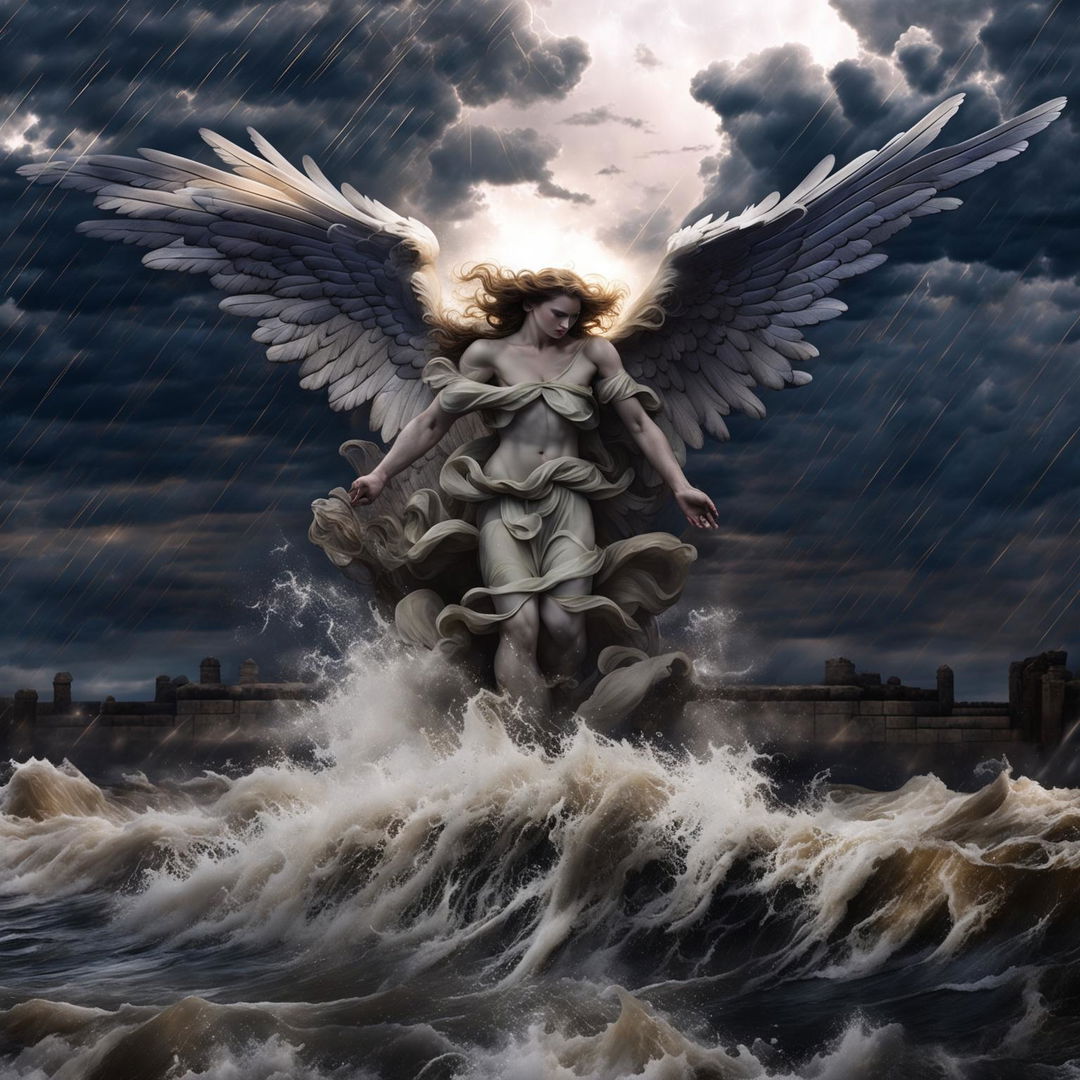 A beautiful angel with glowing wings flies over a stormy lake, with waves crashing onto a stone bridge below