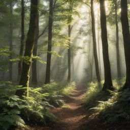 Generate an image of a serene forest with sunlight peeking through the leafy canopy, highlighting the rich, damp undergrowth.