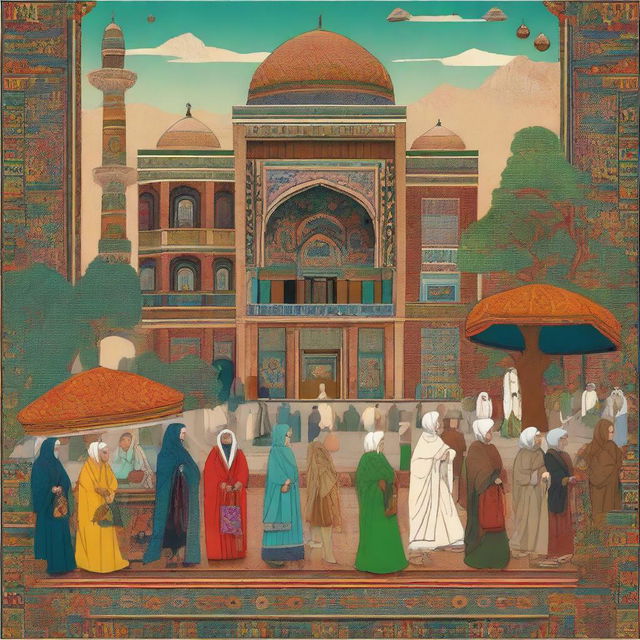 A beautiful and detailed illustration of Iranian culture, showcasing traditional clothing, architecture, and landscapes