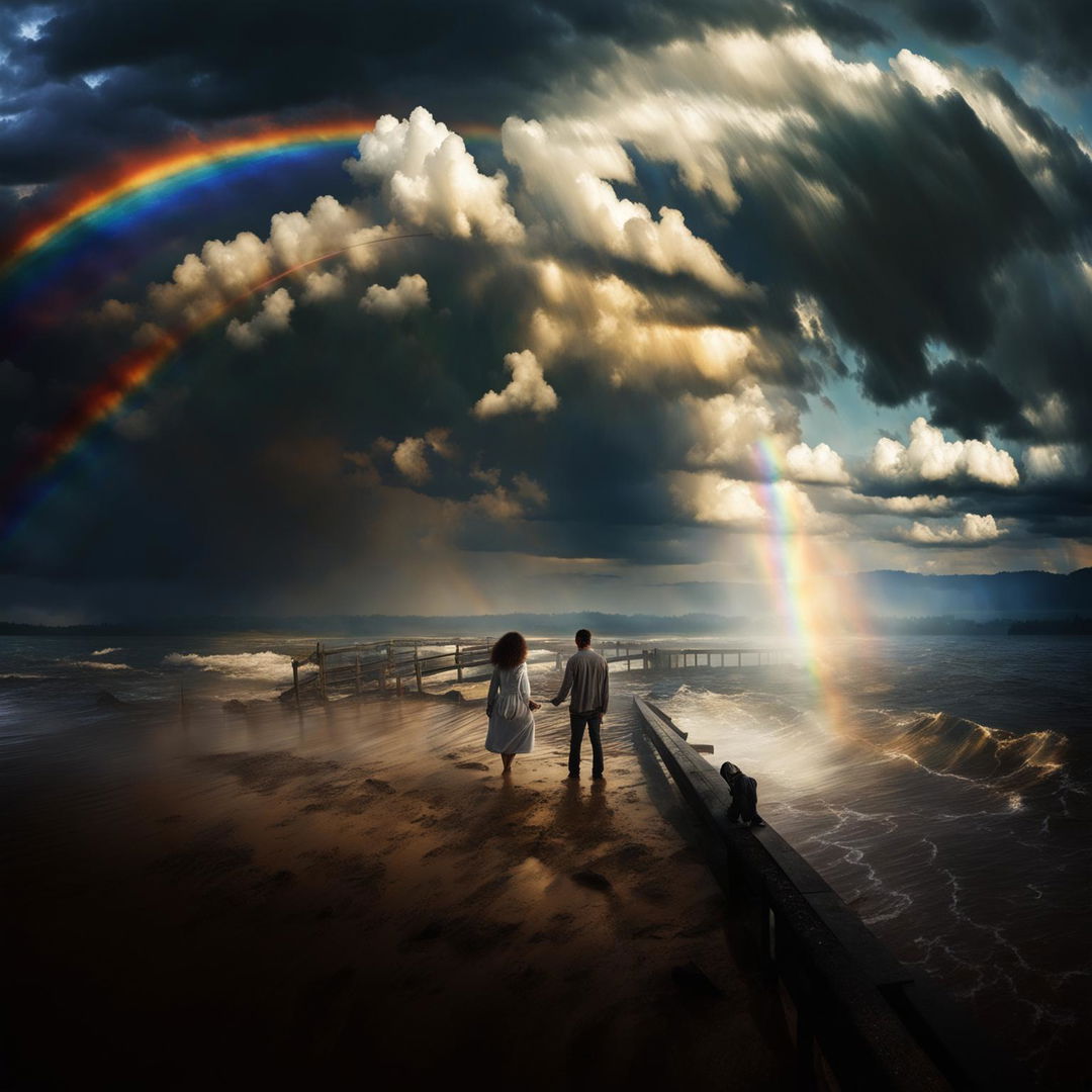 A man and a woman stand on a sandy lake shore, watching a storm crash onto a bridge