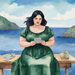 Watercolor-style animated illustration of a plus-size girl with black hair and a dark green dress, reading tarot cards against a sea backdrop