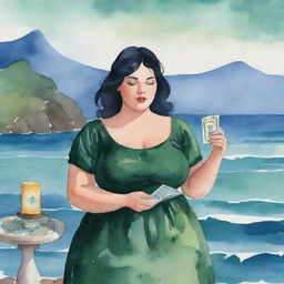 Watercolor-style animated illustration of a plus-size girl with black hair and a dark green dress, reading tarot cards against a sea backdrop