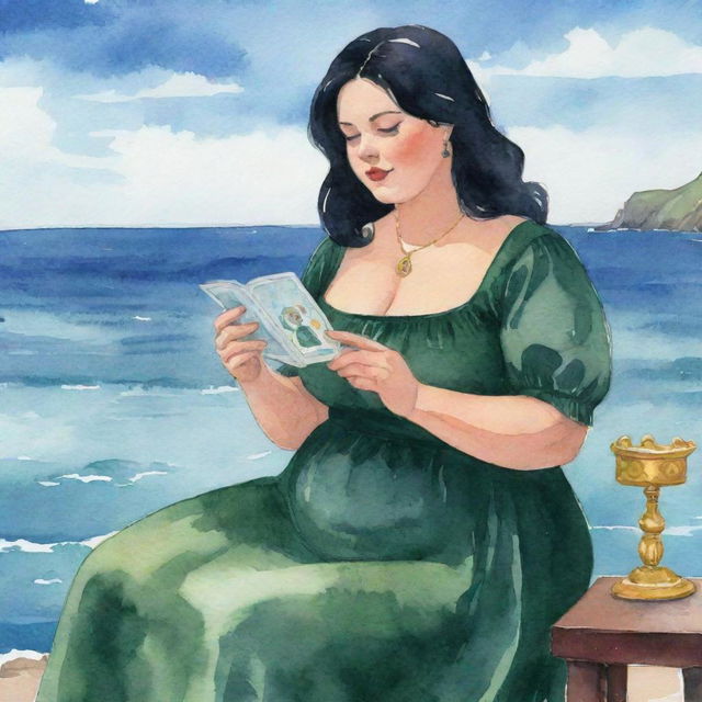 Watercolor-style animated illustration of a plus-size girl with black hair and a dark green dress, reading tarot cards against a sea backdrop