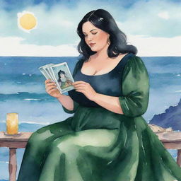 Watercolor-style animated illustration of a plus-size girl with black hair and a dark green dress, reading tarot cards against a sea backdrop