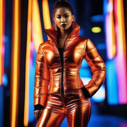 A stylish woman wearing a tight, shiny orange puffer corset, posing confidently in a modern urban setting with vibrant neon lights