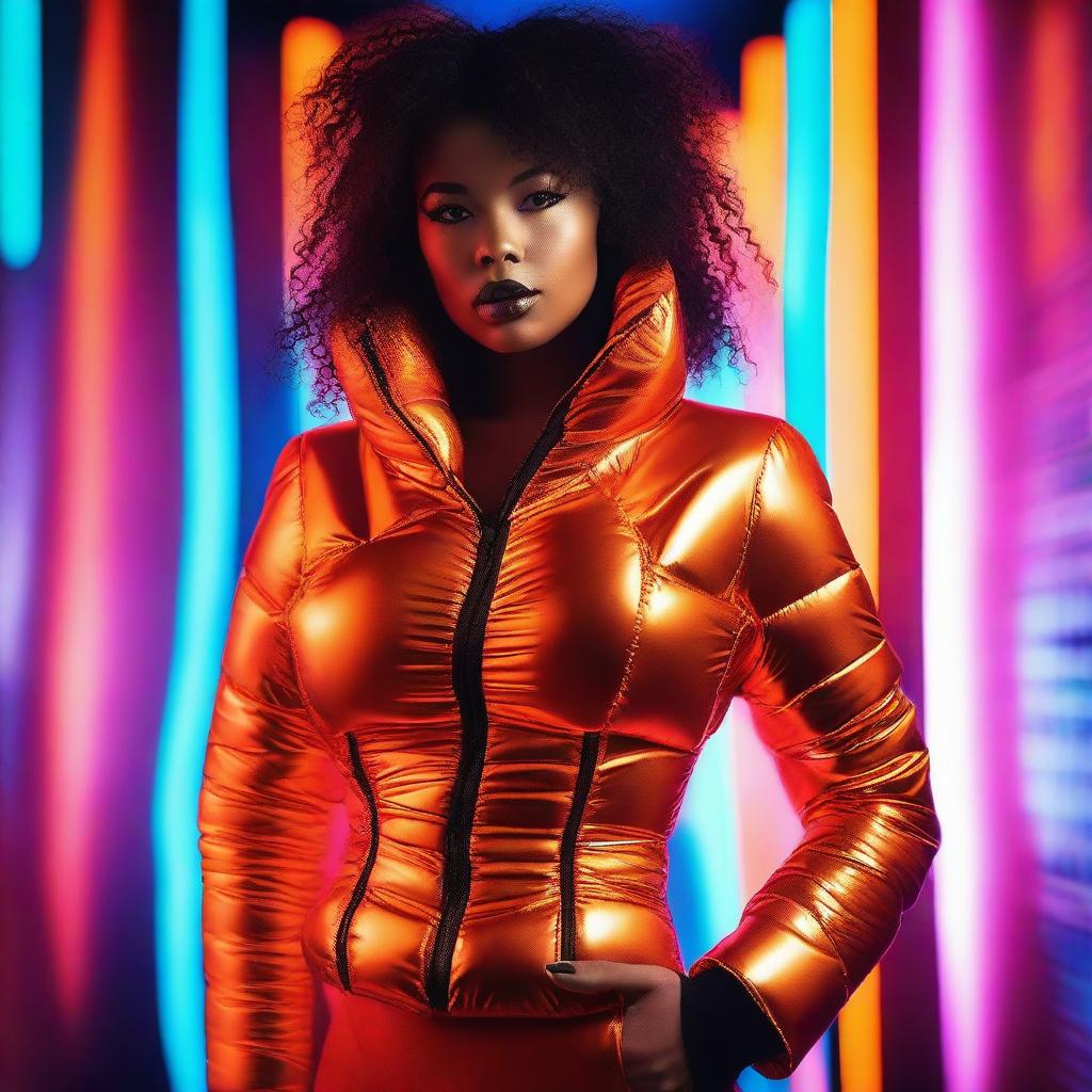 A stylish woman wearing a tight, shiny orange puffer corset, posing confidently in a modern urban setting with vibrant neon lights