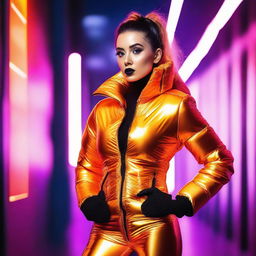 A stylish woman wearing a tight, shiny orange puffer corset, posing confidently in a modern urban setting with vibrant neon lights