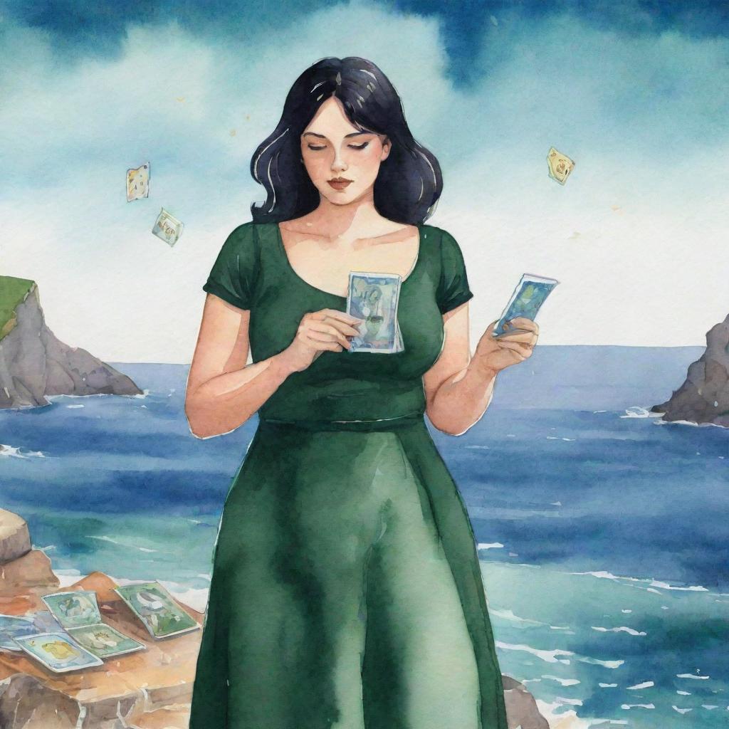 Animated watercolor-style illustration of a curvy girl with black hair and dark green dress, reading tarot cards with a sea backdrop