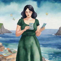 Animated watercolor-style illustration of a curvy girl with black hair and dark green dress, reading tarot cards with a sea backdrop