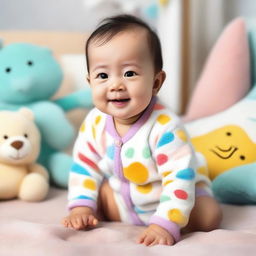 A cute baby with a big smile, wearing a soft, colorful onesie, sitting on a fluffy blanket