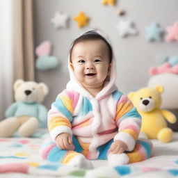 A cute baby with a big smile, wearing a soft, colorful onesie, sitting on a fluffy blanket