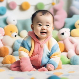 A cute baby with a big smile, wearing a soft, colorful onesie, sitting on a fluffy blanket