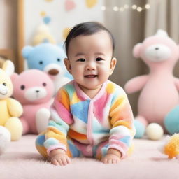 A cute baby with a big smile, wearing a soft, colorful onesie, sitting on a fluffy blanket