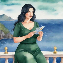 Animated watercolor-style illustration of a curvy girl with black hair and dark green dress, reading tarot cards with a sea backdrop