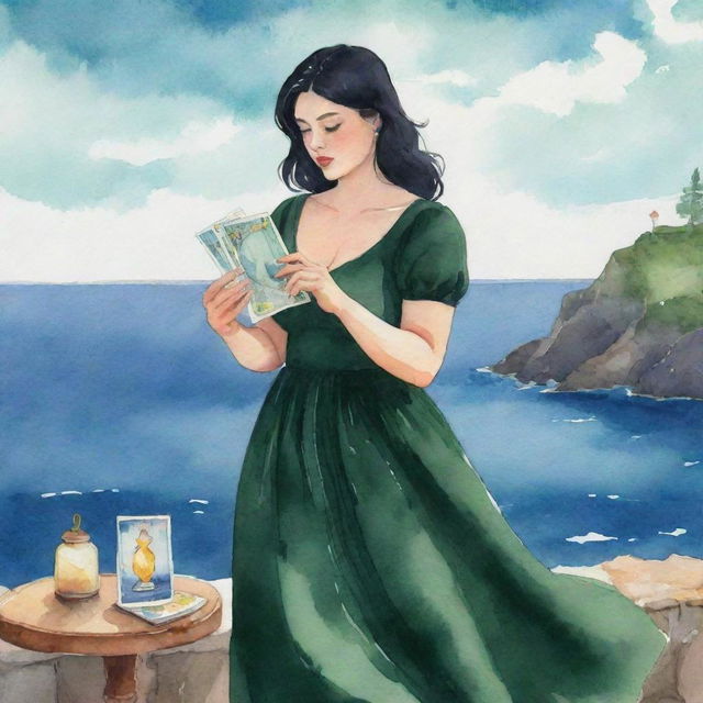 Animated watercolor-style illustration of a curvy girl with black hair and dark green dress, reading tarot cards with a sea backdrop