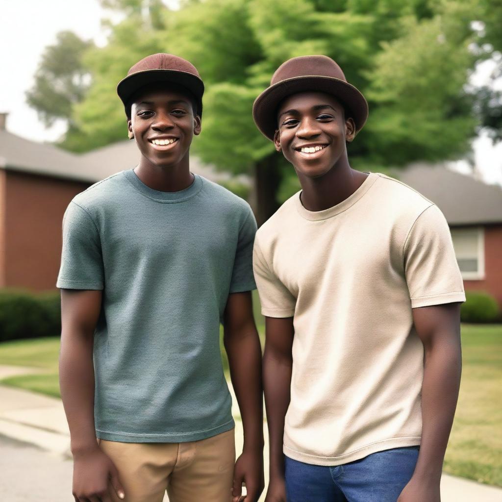 A young dark-skinned man wearing a hat, standing next to another young man who is his neighbor