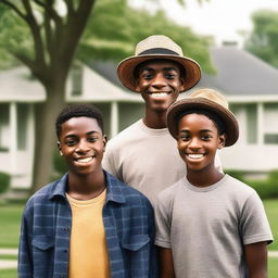 A young dark-skinned man wearing a hat, standing next to another young man who is his neighbor