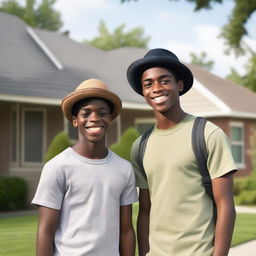 A young dark-skinned man wearing a hat, standing next to another young man who is his neighbor