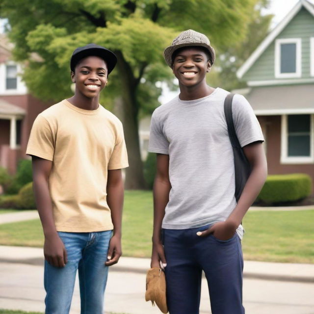 A young dark-skinned man wearing a hat, standing next to another young man who is his neighbor