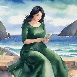 Animated watercolor-style illustration of a curvy girl with black hair and dark green dress, reading tarot cards with a sea backdrop