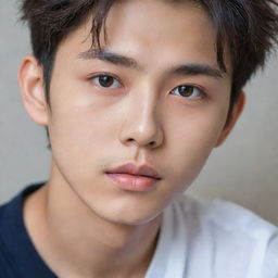 Korean boy with dark hair and penetrating eyes. His features are delicate and fine, presenting a picture of calm elegance. He exudes natural charm and confidence.