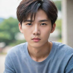 Korean boy with dark hair and penetrating eyes. His features are delicate and fine, presenting a picture of calm elegance. He exudes natural charm and confidence.