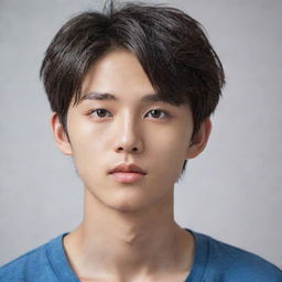 Korean boy with dark hair and penetrating eyes. His features are delicate and fine, presenting a picture of calm elegance. He exudes natural charm and confidence.