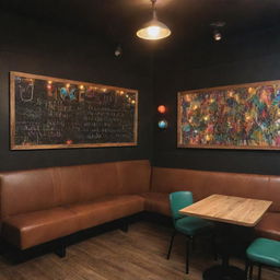 A cozy, thoughtfully designed bar or restaurant featuring sensory-friendly lighting, comfortable seating adaptable to various sensory needs, queer symbolism art on the walls. Each table adorned with a small basket of stim toys. Emphasize a prominent, stylish 'Free WiFi' sign.