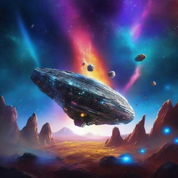 A breathtaking space exploration scene featuring a futuristic spaceship navigating through a field of asteroids and distant stars