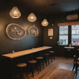 A cozy, thoughtfully designed bar or restaurant featuring sensory-friendly lighting, comfortable seating adaptable to various sensory needs, queer symbolism art on the walls. Each table adorned with a small basket of stim toys. Emphasize a prominent, stylish 'Free WiFi' sign.