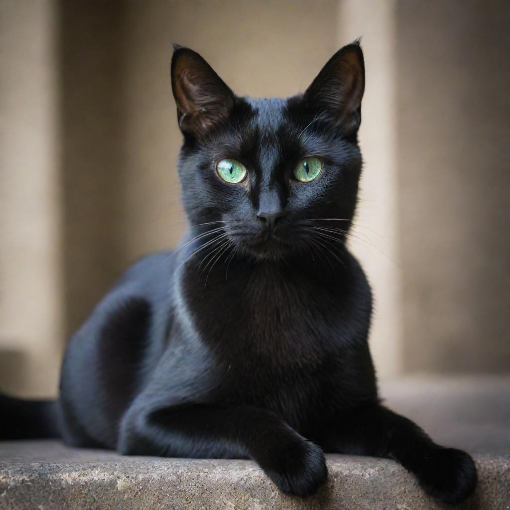 A sleek and elegant black cat with emerald green eyes, sitting poised in a mysterious ambiance.