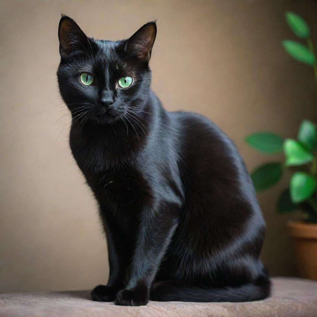 A sleek and elegant black cat with emerald green eyes, sitting poised in a mysterious ambiance.