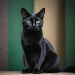 A sleek and elegant black cat with emerald green eyes, sitting poised in a mysterious ambiance.